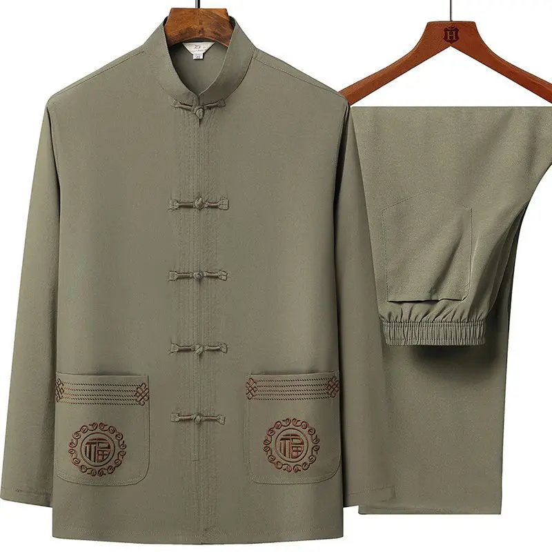 خمر قميص طويل الأكمام السراويل دعوى للرجال في منتصف العمر المسنين عارضة المشهد Hanfu الملابس الكونغ فو الصينية التقليدية #5