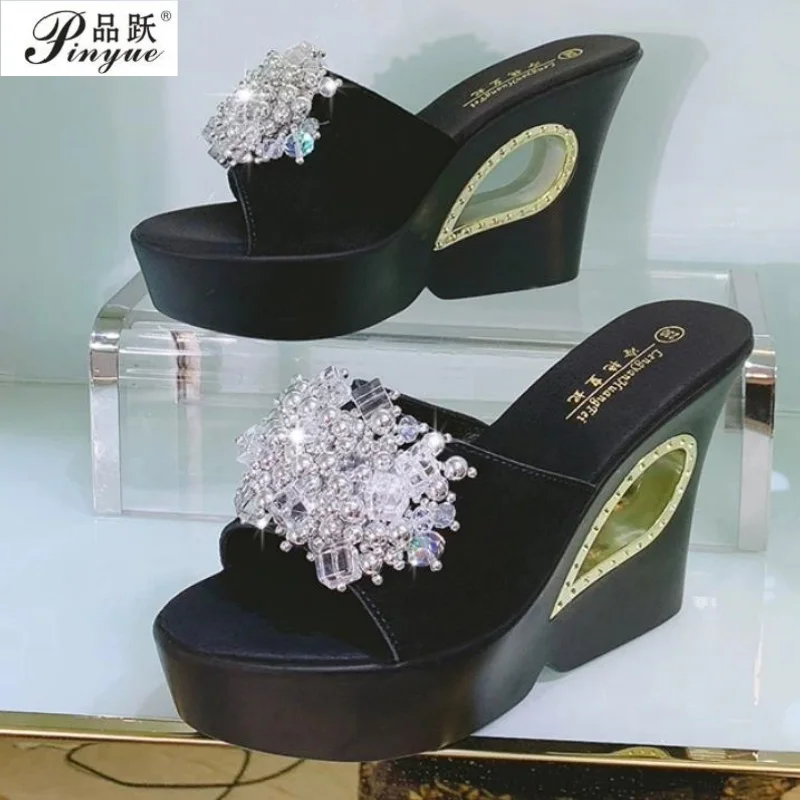 10cm 13cm Womens Slippers Creepers Shoes Platform Bowknot Rhinestones Crystal Wedge High Heel Summer Hollow Beach sandals 34-39