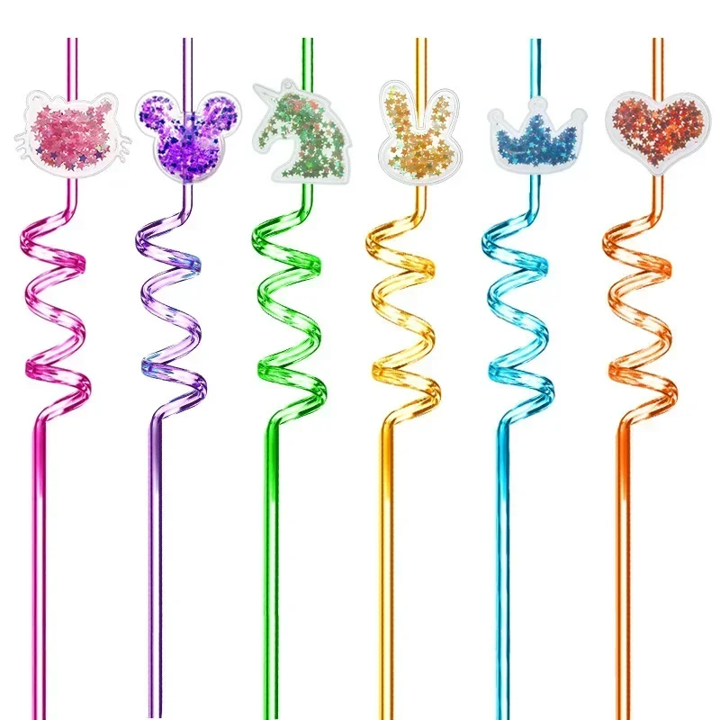 6pcs 26cm Cartoon Mouse/love/crown Plastic Helical Drinking Straws Wedding Birthday Party Decor Reusable Eco Straw Kid Straws