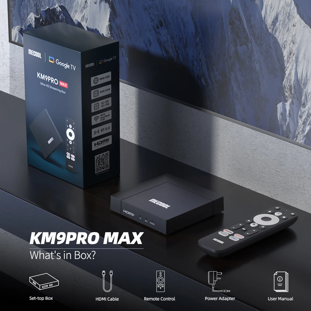 2025 MECOOL KM9 PRO MAX Android TV Box Realtek1325-B 2GB 32GB 4K HDR Android 12 2T2R WIFI5 Google صندوق التلفزيون المعتمد