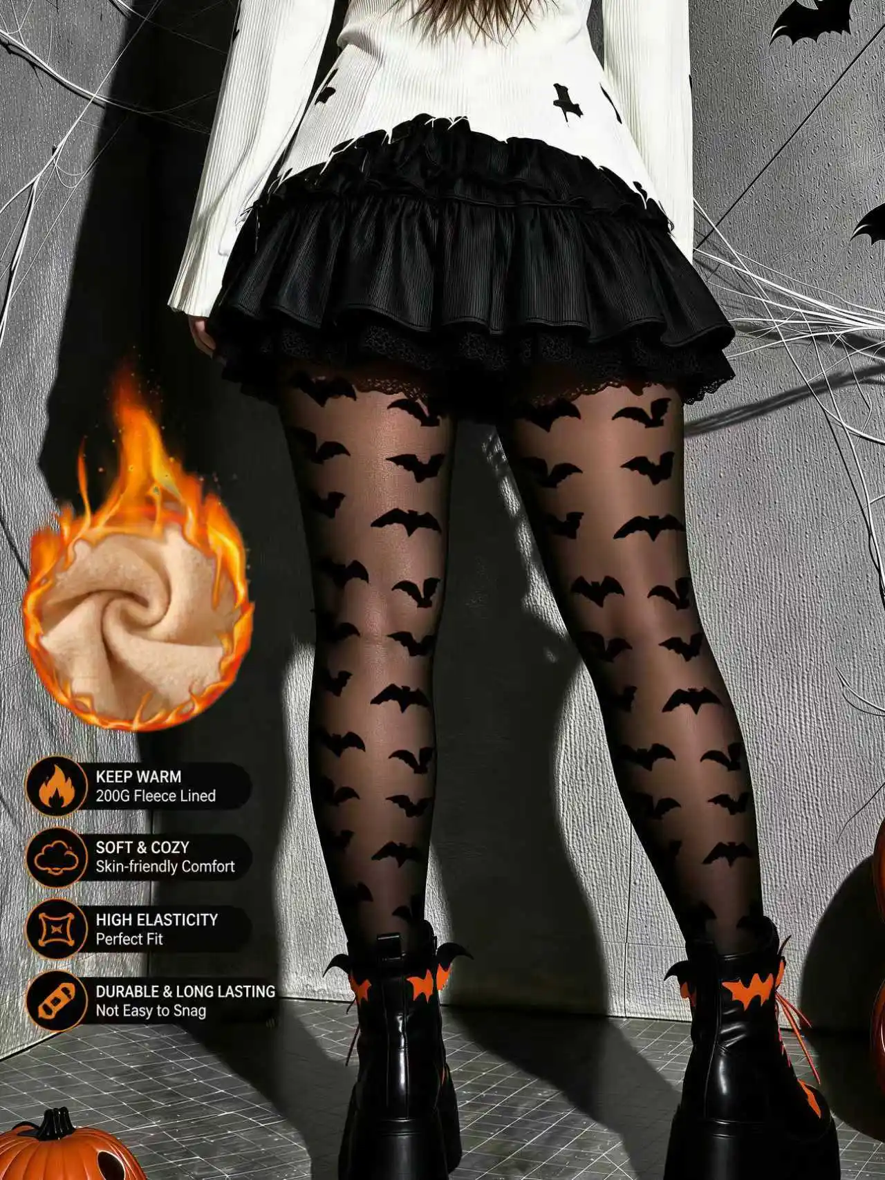 Women's Fall Winter Fleece-Lined Thick Bat Print Knit Warm High Waist Leggings, Comfortable Tights for Daily Outing & Casual