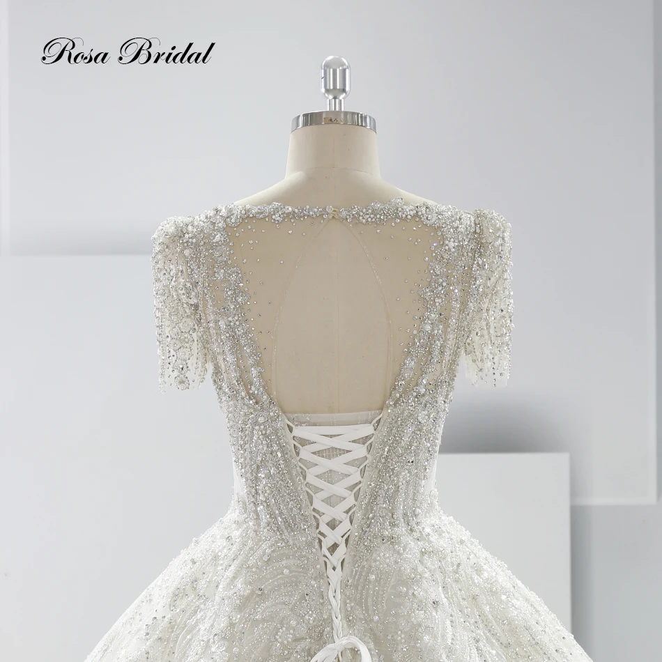 New Korean Style Romantic Square Collar Lace Applique Short Sleeve Beaded Wedding Dress