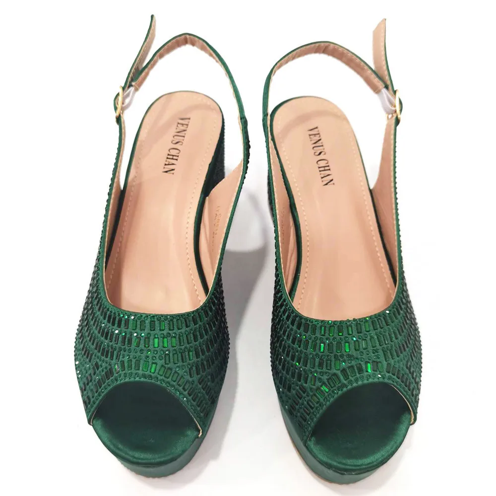 High Quality Green Color Hot Selling Comfortable Heels Ladies Elegent Sandals Matching Handalbag Set For Party Pump