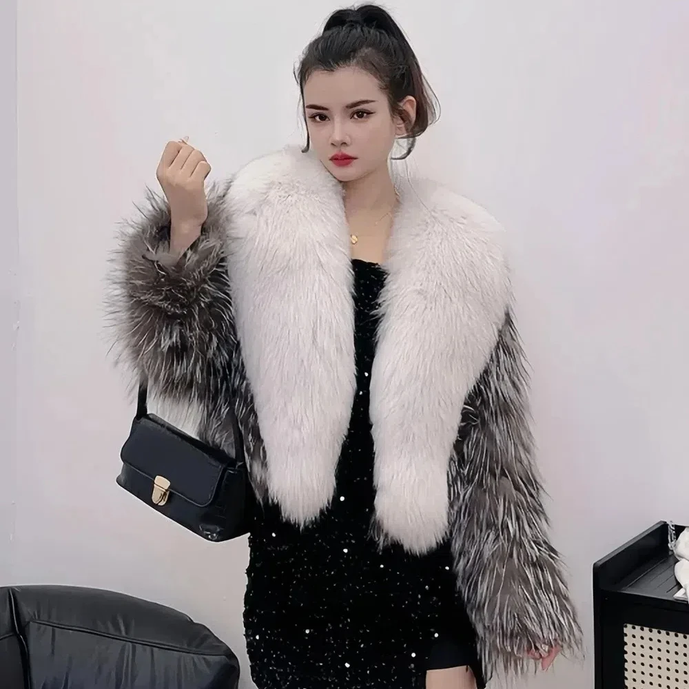 

Hot sales luxur fur Jacket Winter new Imported high-end silver fox striped Finnish fox fur large fur collar short women coat