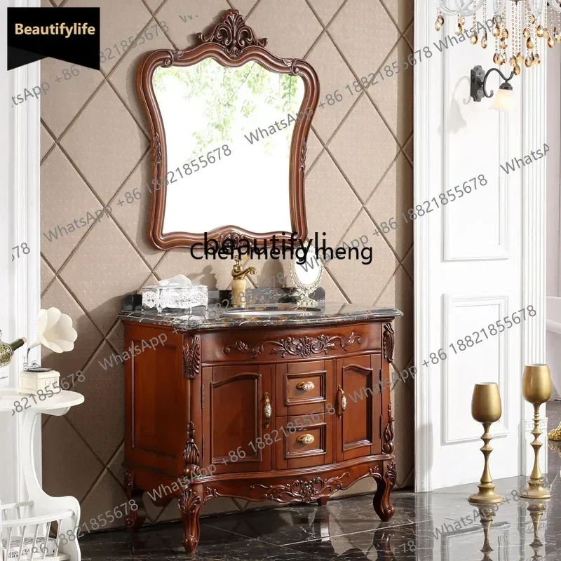 B456 Antique European oak bathroom cabinet combination floor-to-ceiling wash basin cabinet mirror cabinet washstand