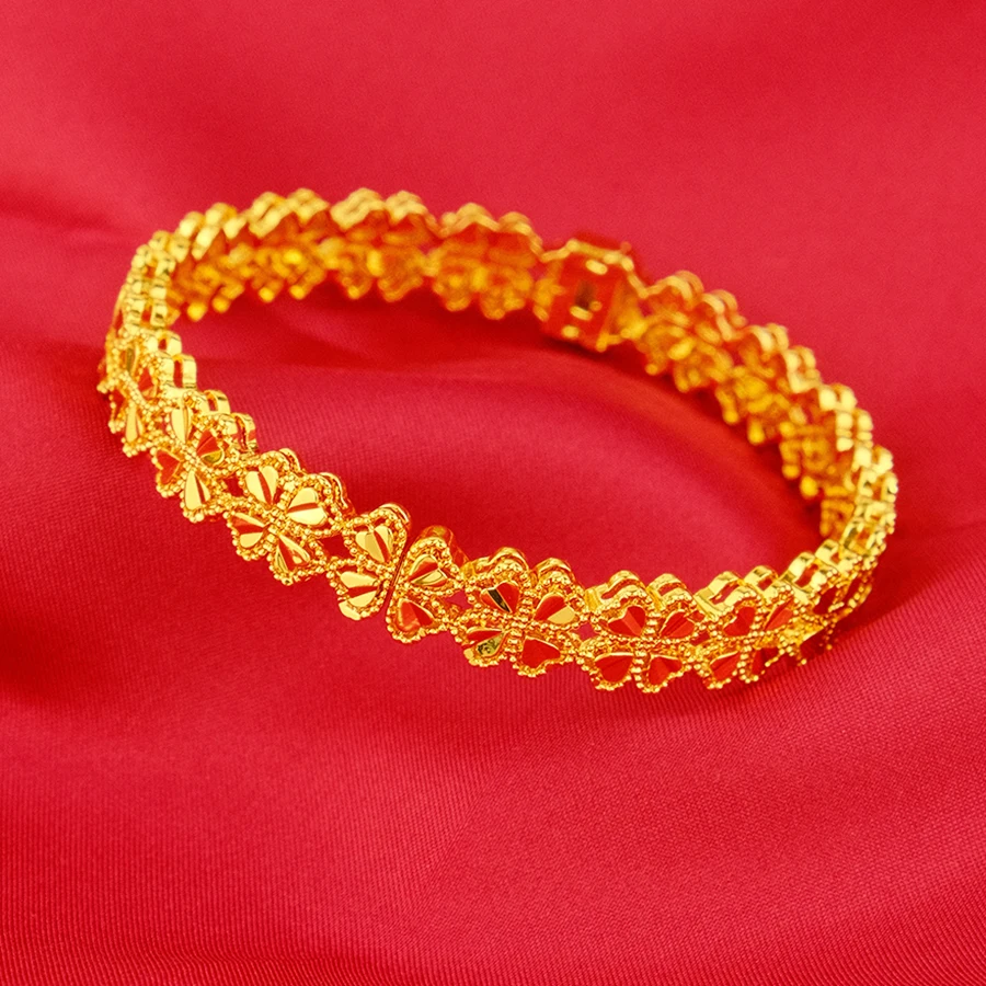 Dubai Women\'s Four Leaf Clover Gold Plated Indian and African Hard Bracelet Charming Wedding Ethiopian Arabian Treasure Luxury