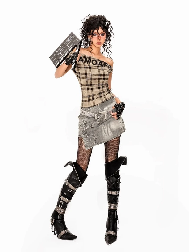 Summer American Retro Washed Y2k Irregular Design Deconstruction Hot Hip Wrap A Line Short Denim Skirt For Women