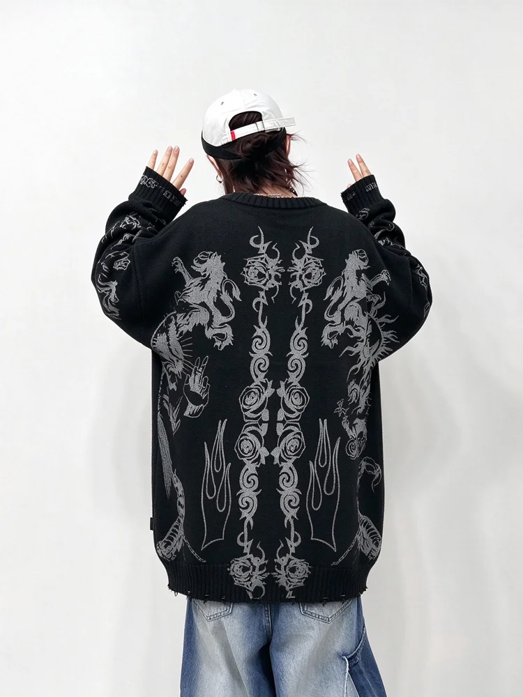 Harajuku Graphic Knit Sweater Oversized Unisex Couple Pullover Grunge Y2K Aesthetic Skull Tattoo Print Jumper Ripped Streetwear