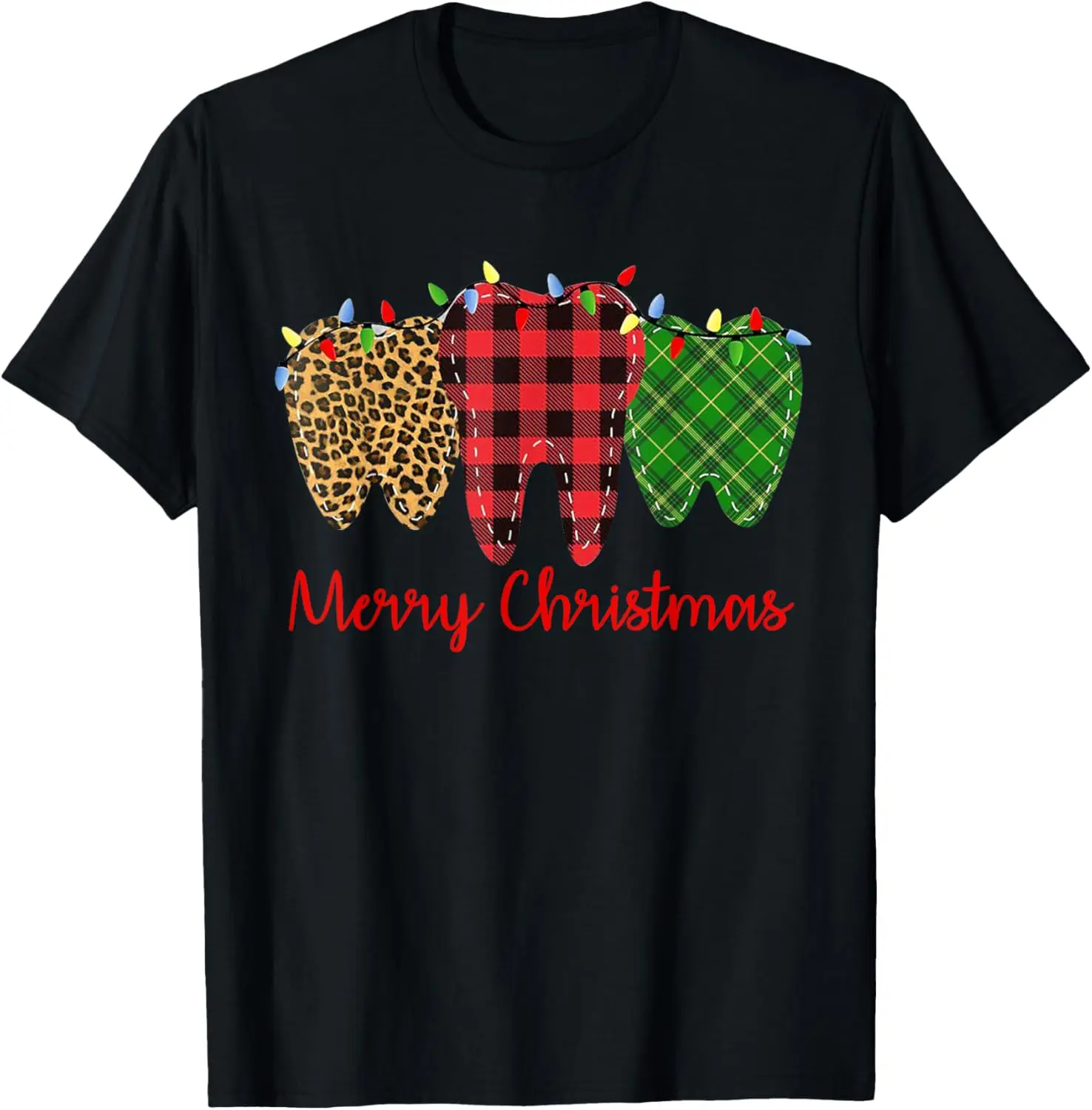 3 three teeth Merry Christmas leopard buffalo plaid pattern T-Shirt