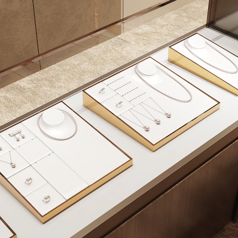 Oirlv White Jewelry Store Display Tray PU Leather Ring Earring Necklace Display Set White Jewelry Displays Jewelry Display Table