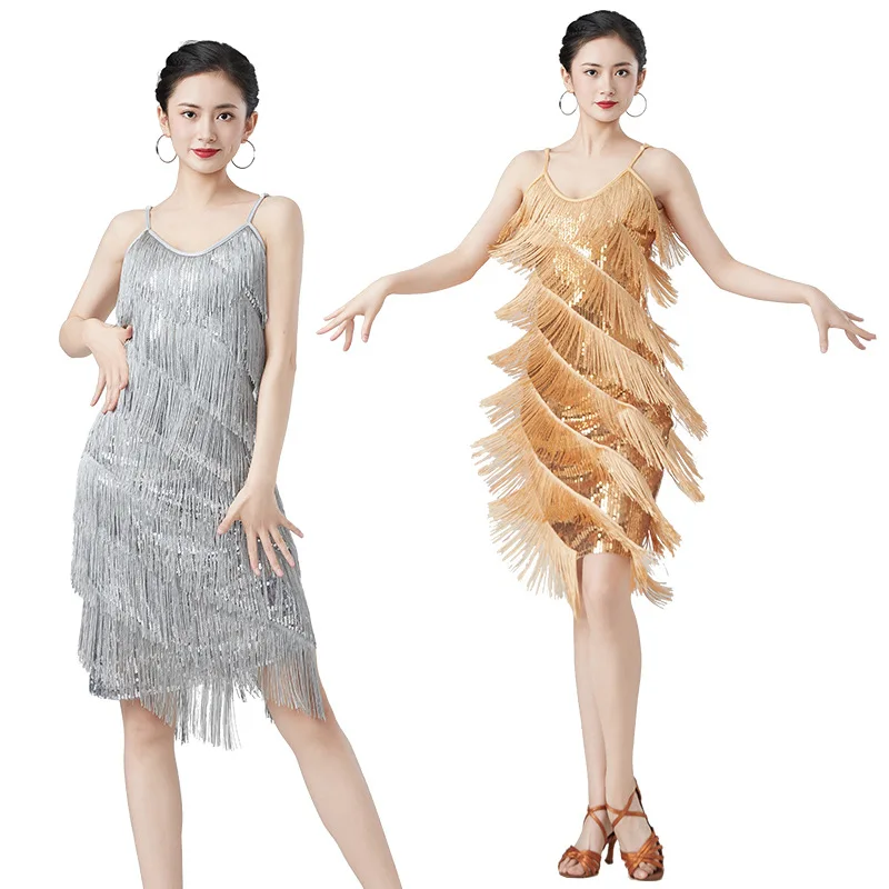 Robe à col en v, ensemble jupe à franges et paillettes pour danse latine, jupe à bretelles, costume de spectacle de danse
