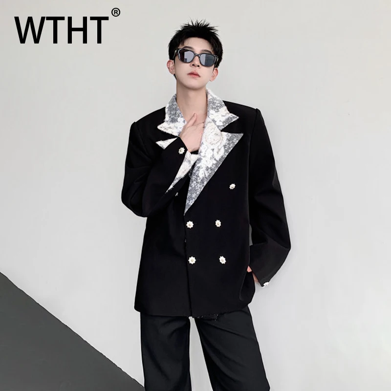 

WTHT Fashion Men's Spliced Lace Contrast Color Blazer Coats Trendy 2025 Autumn Long Sleeves Single-breasted Jackets Male 2A1474