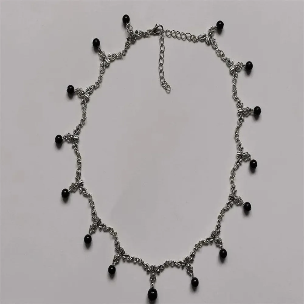 Gothic Victorian Silver Color Court-style Black Agate Round Bead Tassel Necklace for Women Halloween Pagan Middle Ages Jewelry