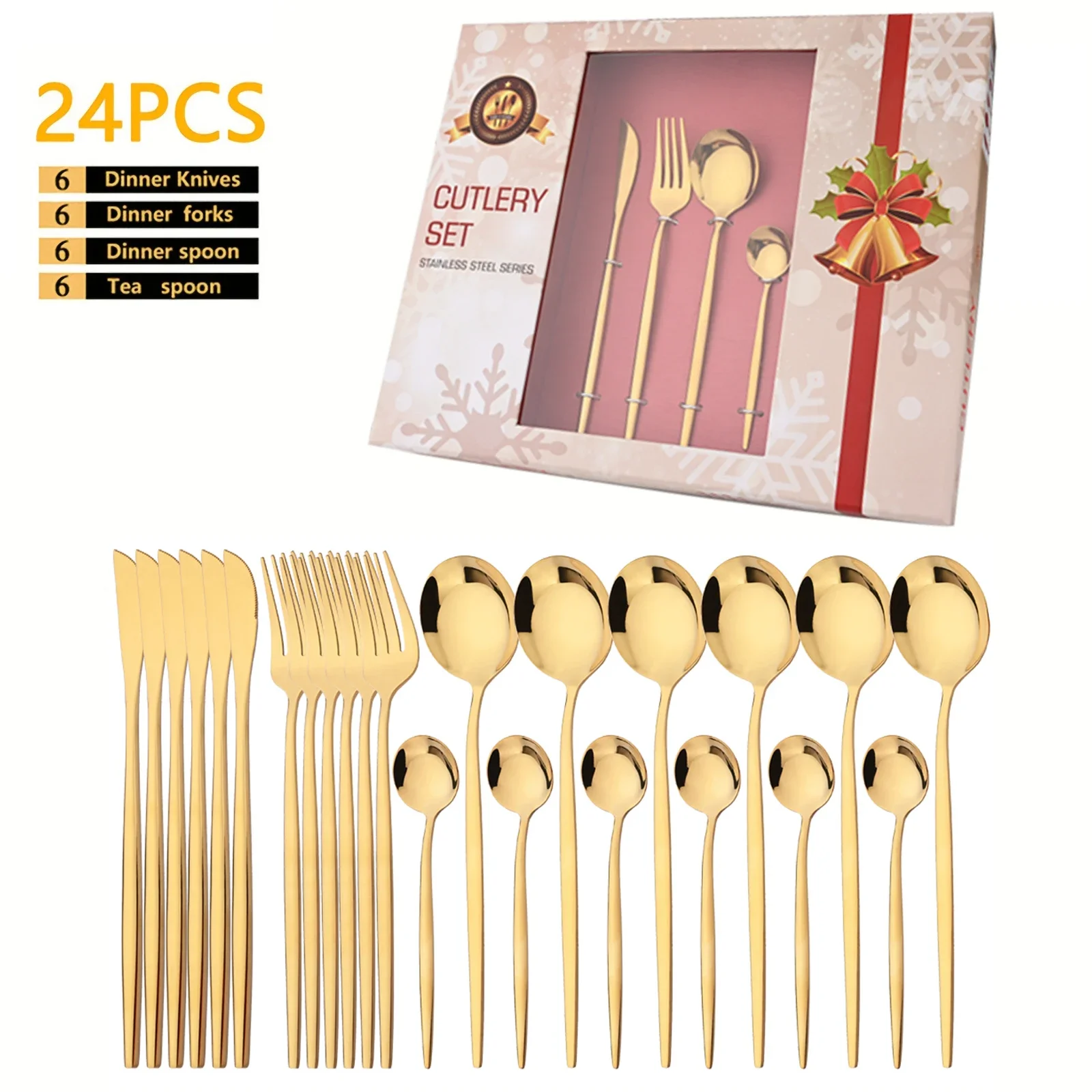 

24Pcs Gold Dinnerware Set Stainless Steel Tableware Set Knife Fork Spoon Flatware Set Christmas Gift Cutlery Set Gift Box