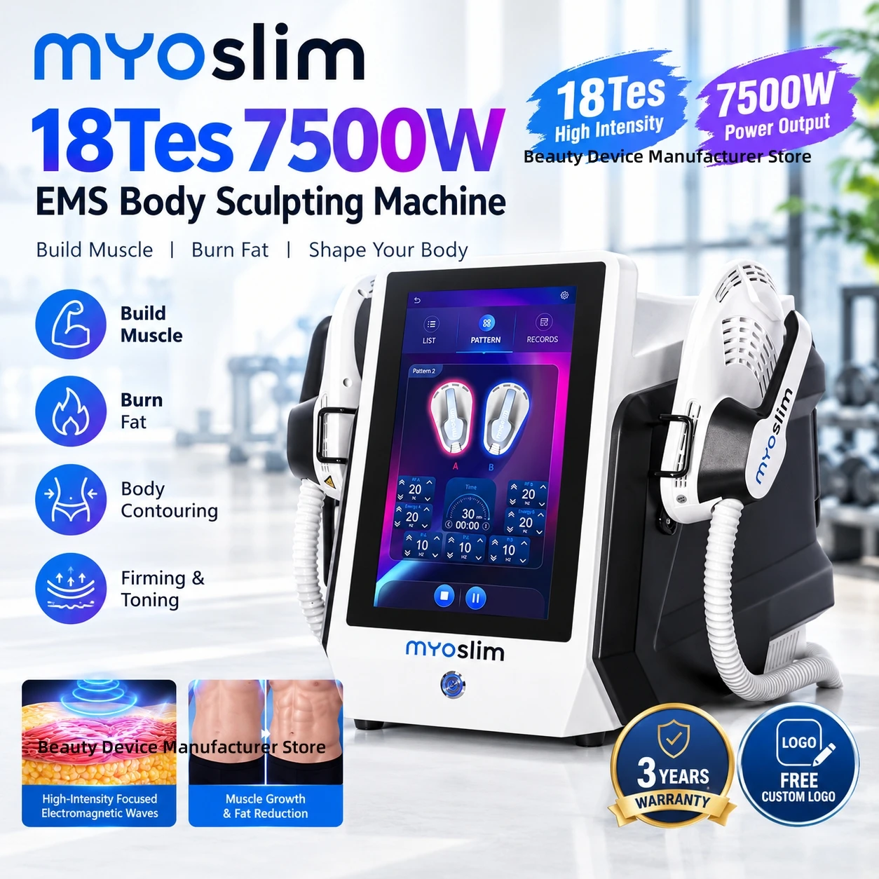 MYOslim 7500W EMS Body Sculpting 18Tes Fitness Equipment Fat Loss Muscle Toning Machine for Home Personal Workout Training