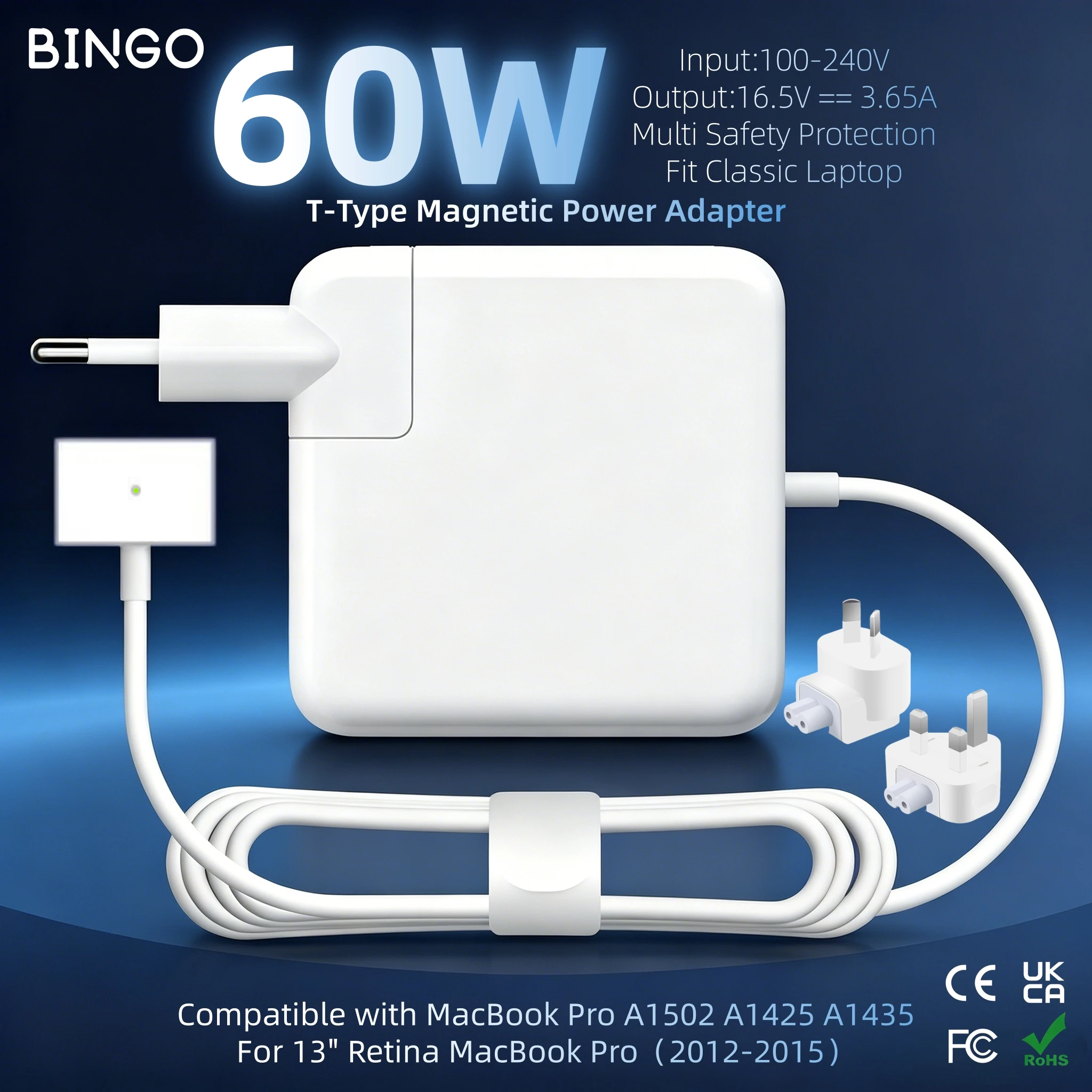 Adaptador de Corriente Magnético Tipo T de 60W, 16.5V==3.65A, Certificado CE FCC RoHS UKCA, Compatible con A1425 A1502 A1435