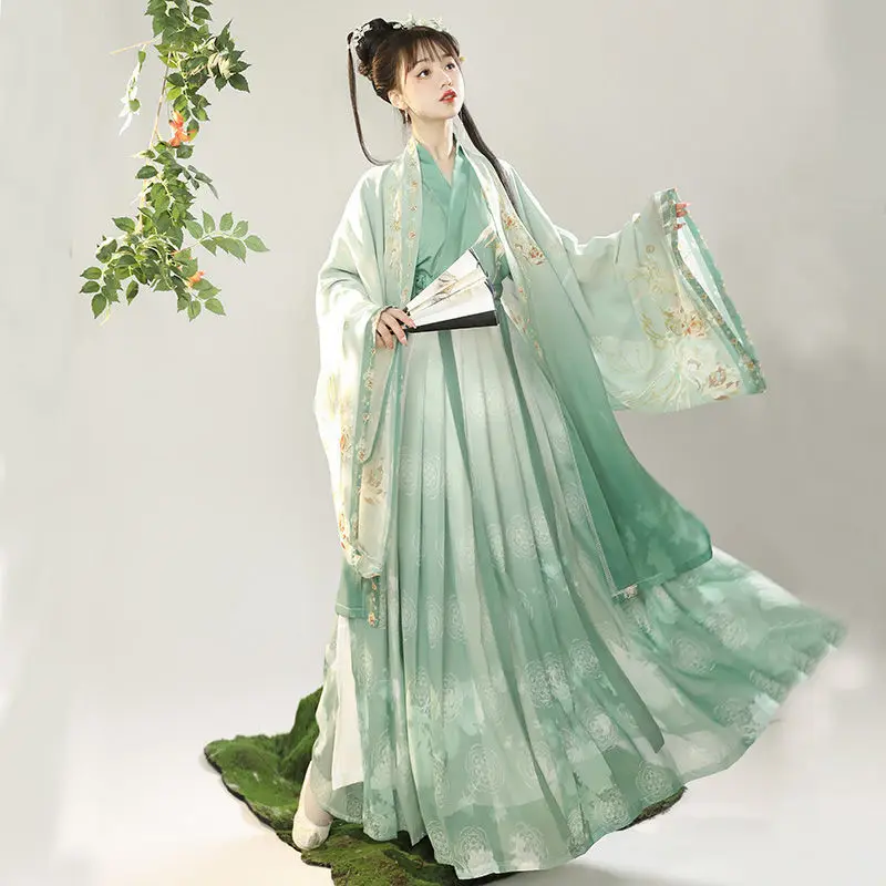 

XL Chinese Hanfu Dress Women Carnival Cosplay Costume Ancient Traditional Hanfu Dress Green&Blue Print Dance Dress Plus