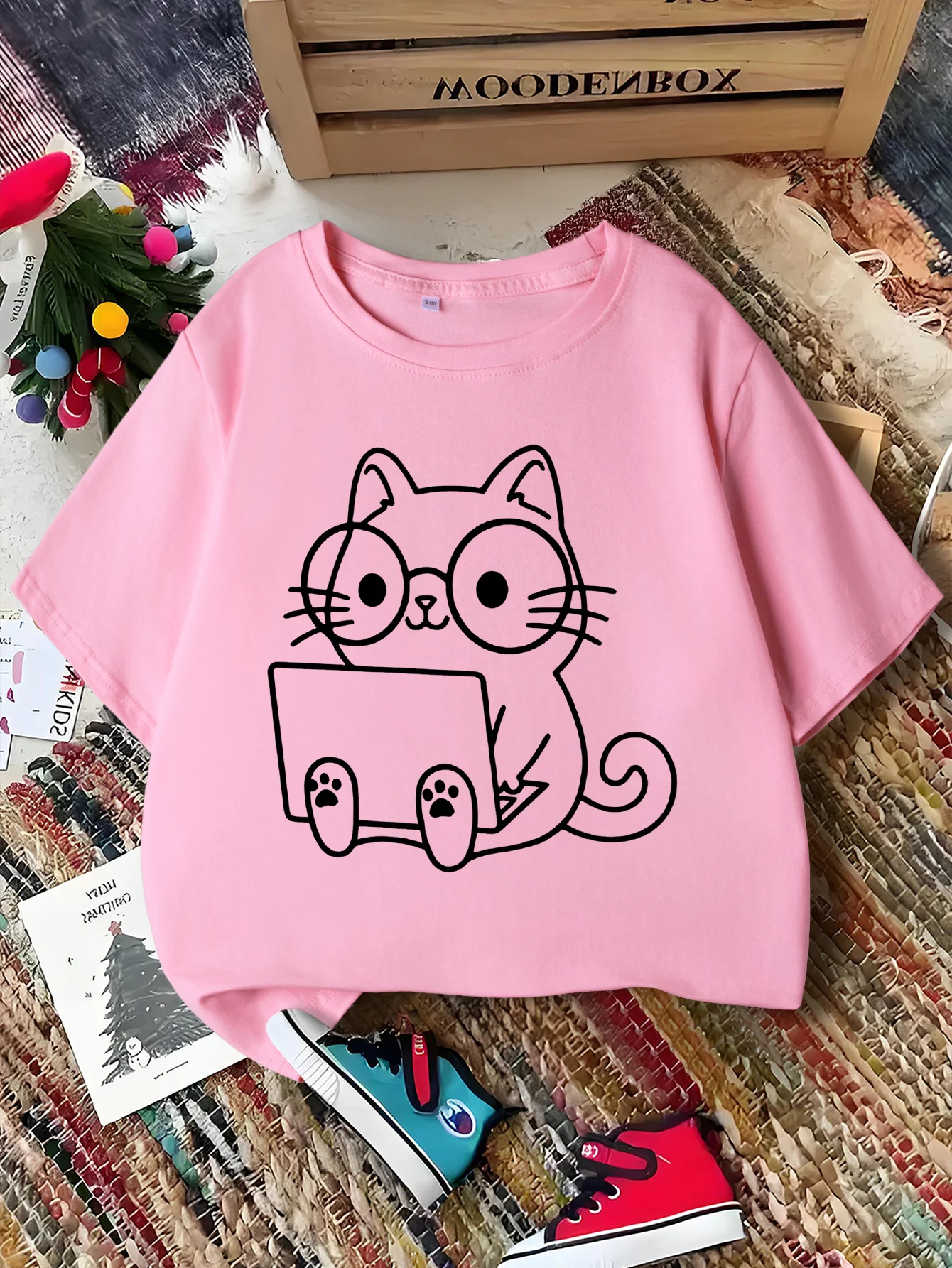 Glasses Cat Using Art Print Kids Tee Boys Girls Family Matching Short Sleeve Soft Breathable Daily Parent Child Comfort Tops