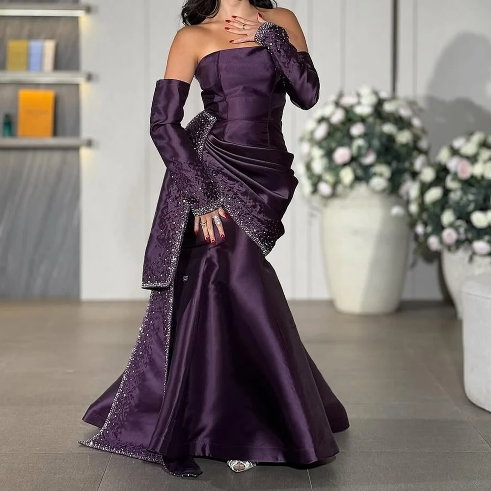 Abiti da sera a trapezio personalizzati Abito da ballo a maniche lunghe senza spalline lungo fino al pavimento Abito da festa con lacci senza schienale in cristallo di moda