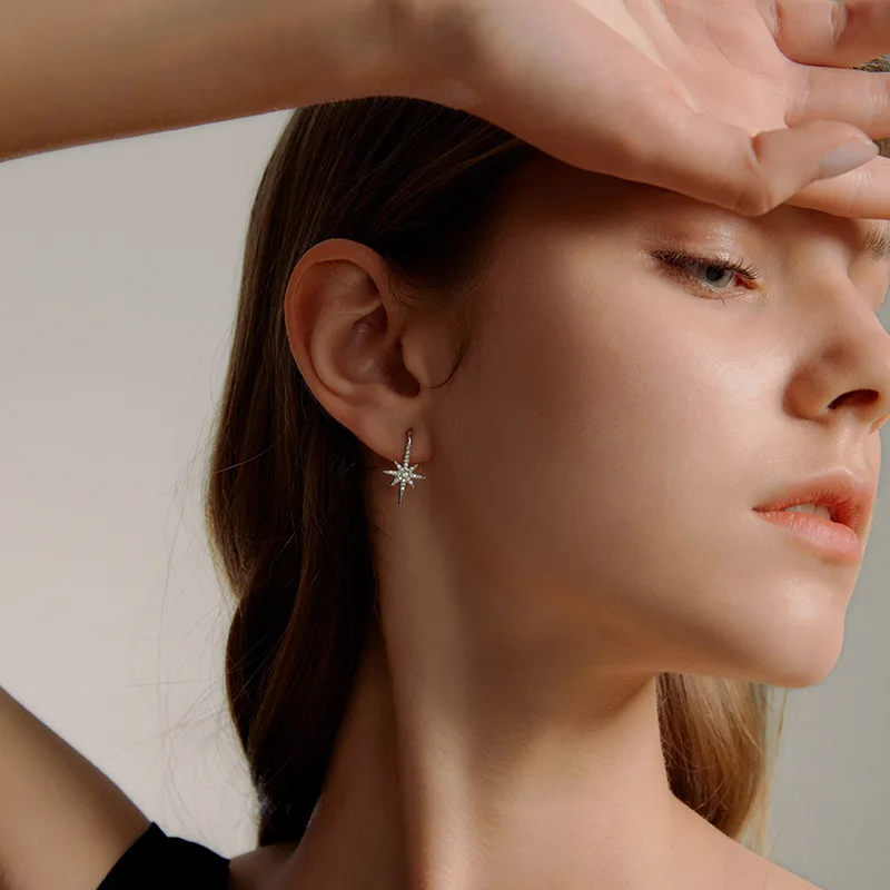 Fashion Luxury Shiny 925 Sterling Silver Zircon Octagonal Star Stud Earrings for Women Exquisite Jewelry Accessories Colorfast