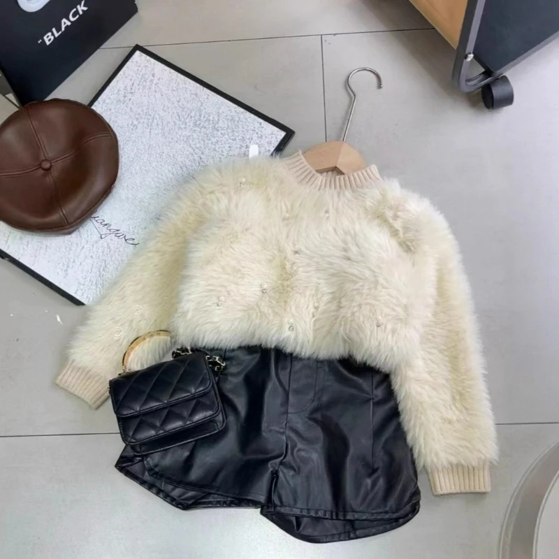 

2025 Autumn Winter New Girls' Sweater Plush Fashion Japanese Korean Version Solid Color Knitted Sweater Long Sleeve Top Trendy