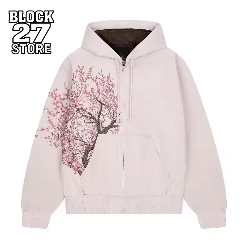 Harajuku americano Retro Sakura bordado Rosa Sudadera con capucha Y2K chaqueta hombres mujeres ropa de calle gótica de gran tamaño Casual moda prendas de vestir exteriores