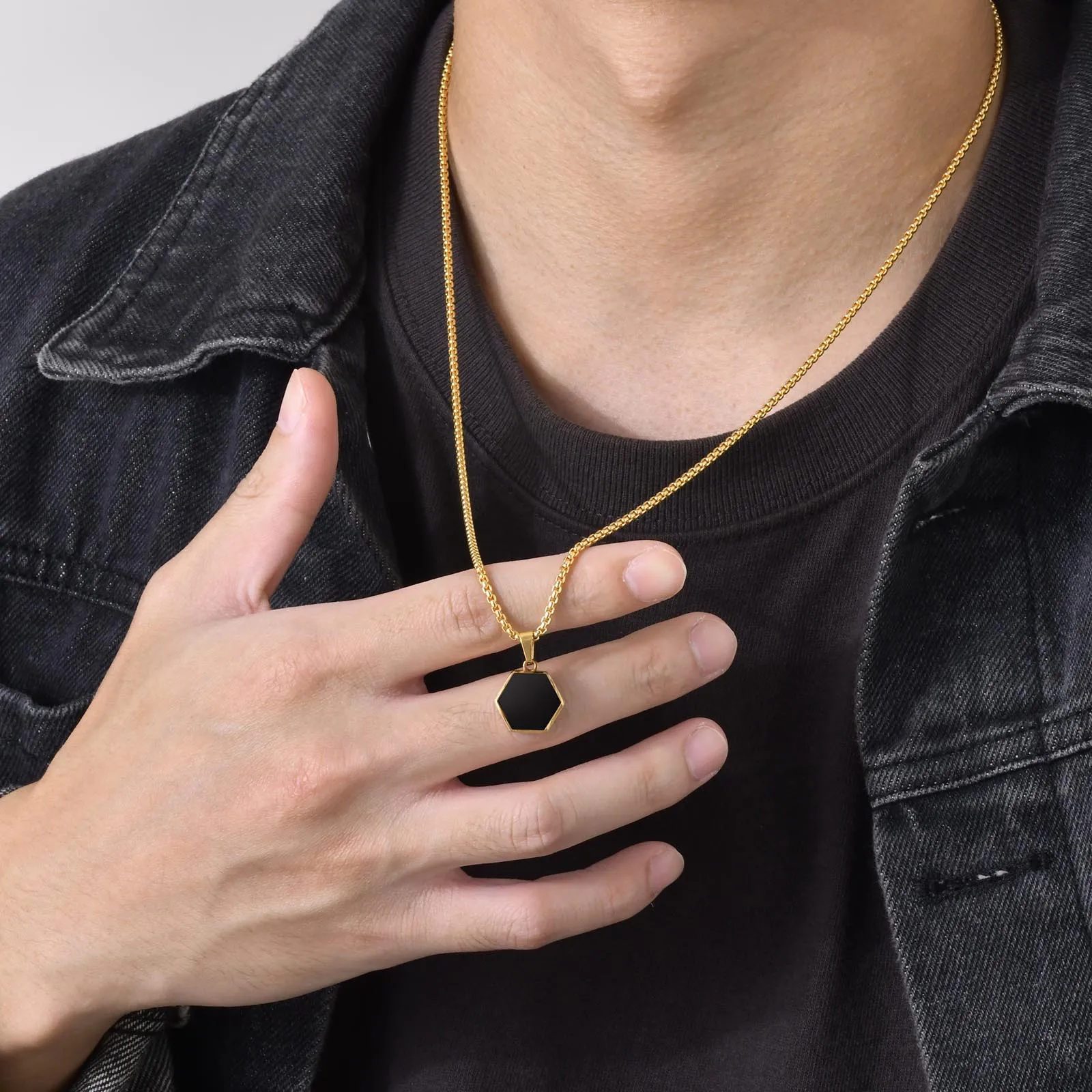 Casual Black Hexagon Necklaces for Men Jewelry, Gold Color Stainless Steel Geometric Pendant with Box Chain Collar