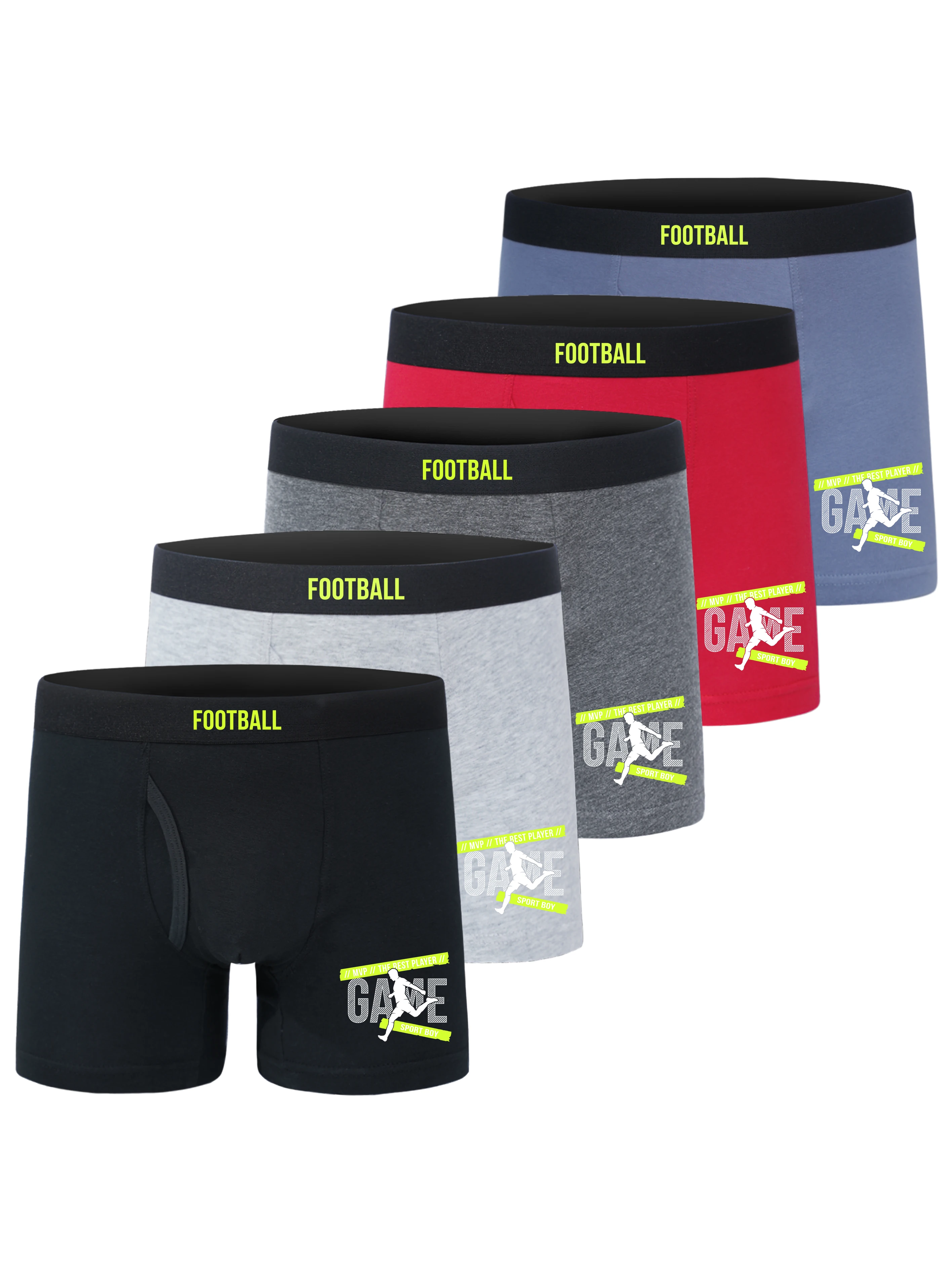 5 Pack Boys Cotton Boxer Briefs Open Fly Fluorescent FOOTBALL Letter & Football Player Silhouette GAME Graphic Printed Elastic W