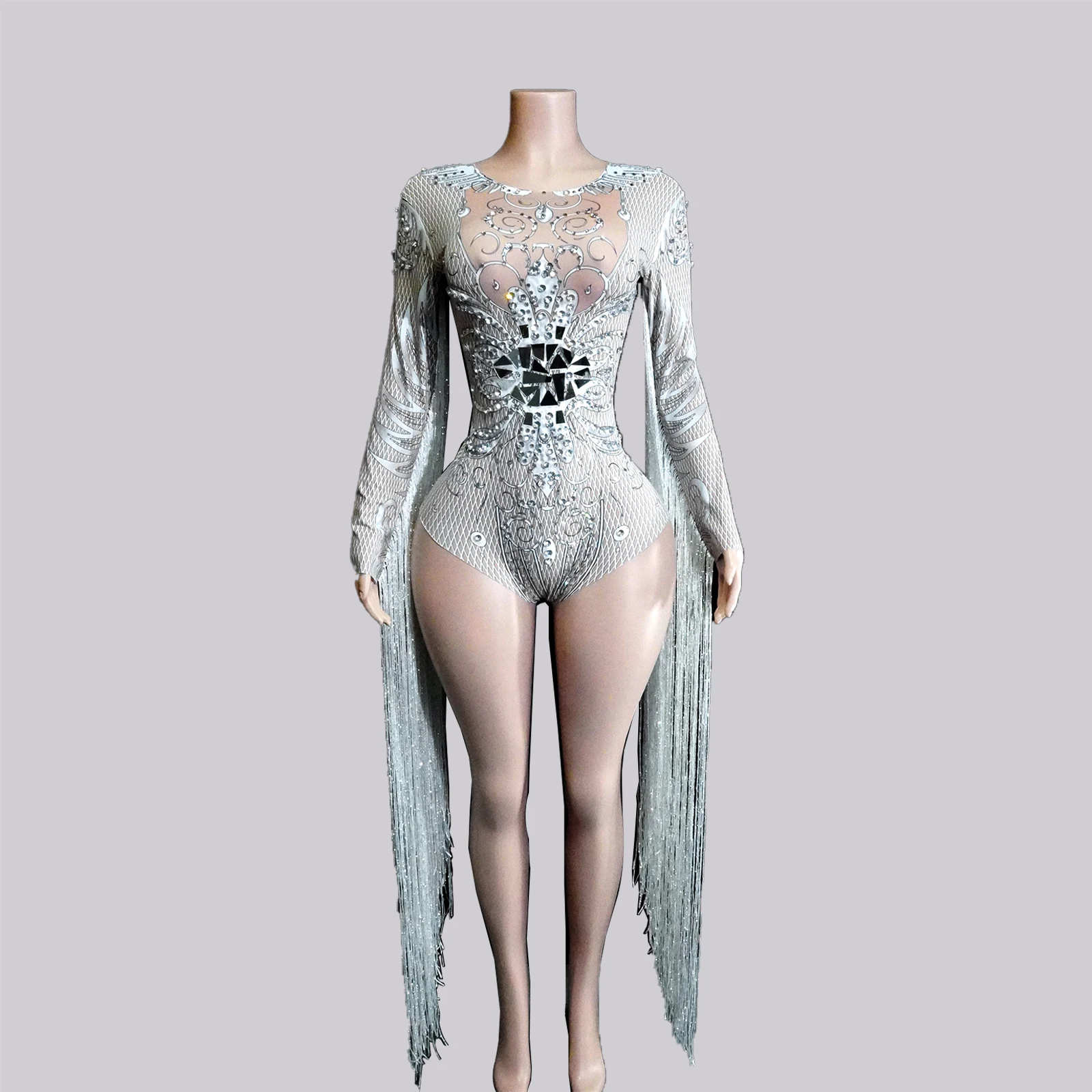 

Showgirls Costumes Glitter White Crystal Fringe Bodysuit Long Sleeve Mirror Drag Queen Outfit Birthday Nightclub Singer Stage DS