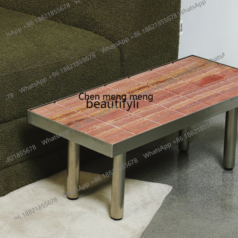 

E153 Natural Red Travertine Side Table Marble Vintage Creative Side Table Stainless Steel Tea Table