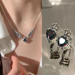Vintage Gothic Heart Crown Angel Wings Pendant Necklace Earrings For Women Romantic Delicate Love Couple Fashion Jewelry Set
