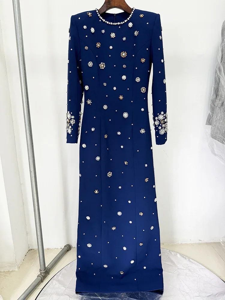 HIGH STREET Newest Fashion 2026 Designer Party Vestido Women\'s Formal Long Sleeve Luxurious Beaded Long Maxi Dress