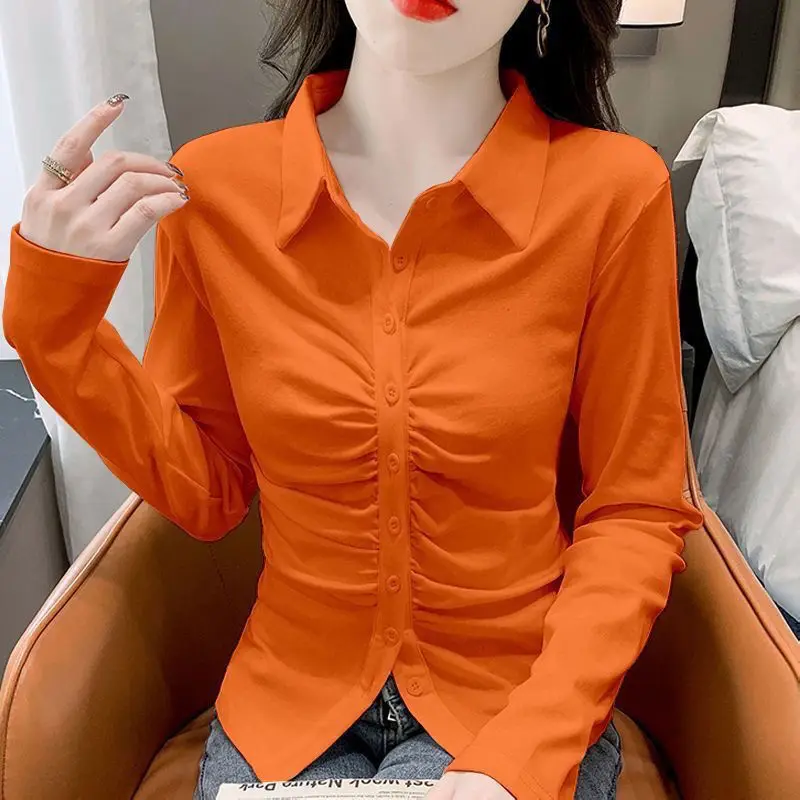 Fashion Lapel Solid Color Button Folds Shirts Women\'s Clothing 2023 Autumn Winter Loose Elegant Tops Office Lady Blouses