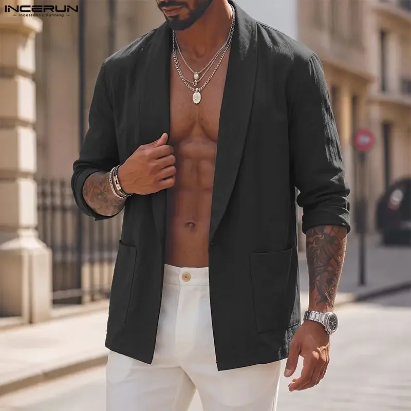 INCERUN Men Blazer Solid Color Lapel Long Sleeve Open Stitch Male Suit Streetwear Loose 2026 Fashion Casual Thin Blazer For Man