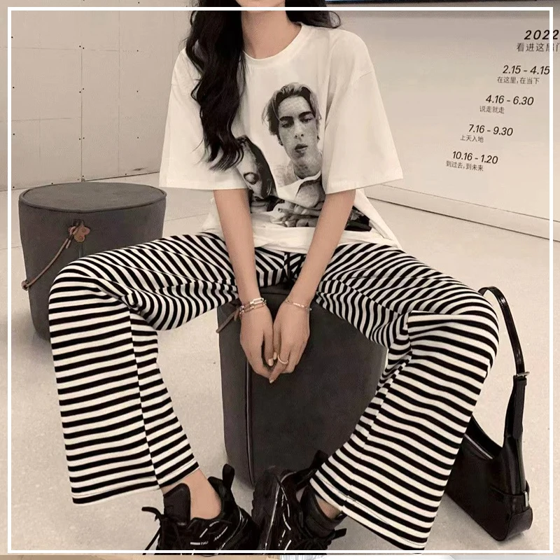 

2024 Spring and Summer Leisure Lazy Style Fashion High Waist Drawstring Stripe Print Loose and Simple Versatile Floor Slippers