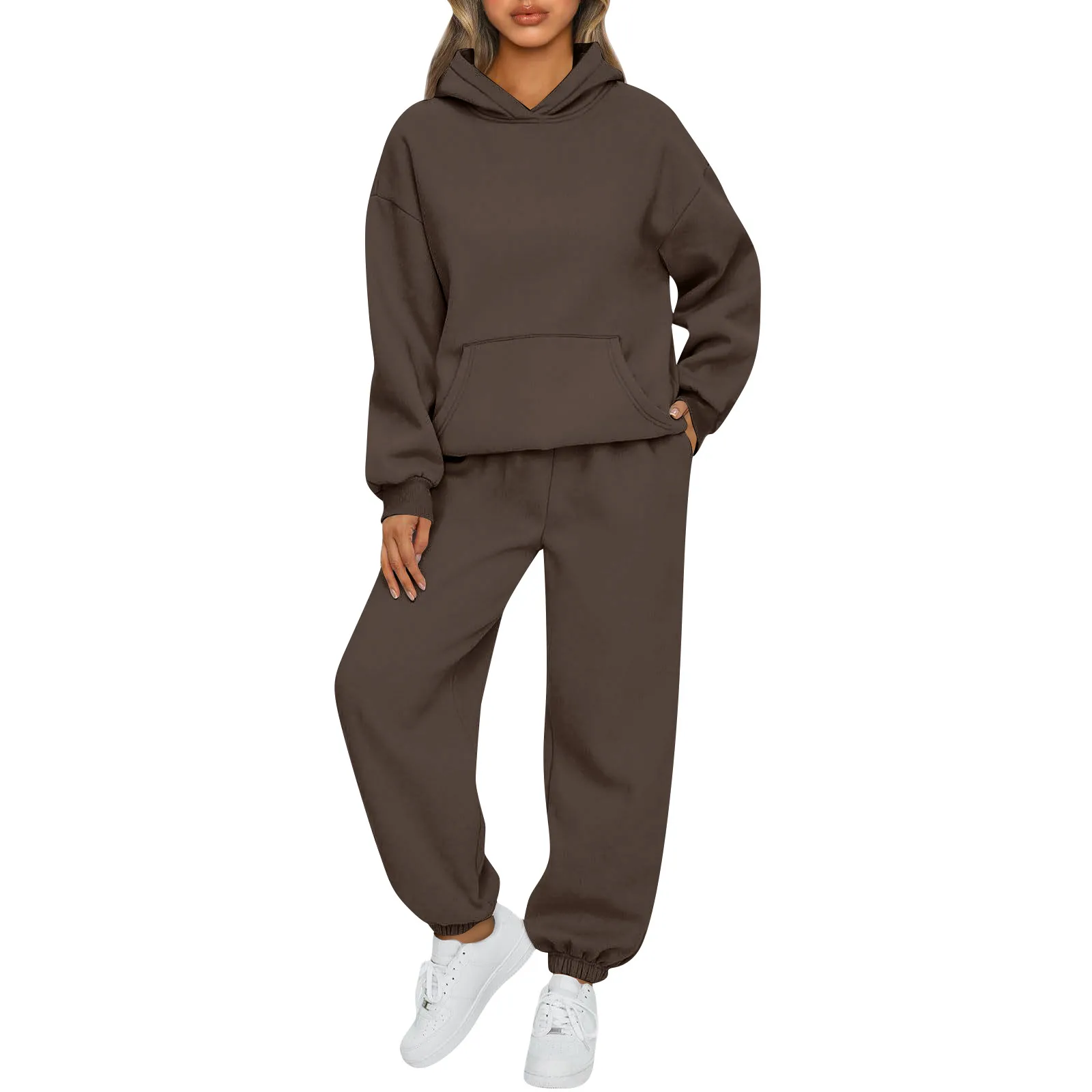 Women'S Fleece Loose Tracksuit Casual Solid Hooded Sport Two Piece Set Autumn Winter Long Sleeve Sweatshirts And Trousers Suit