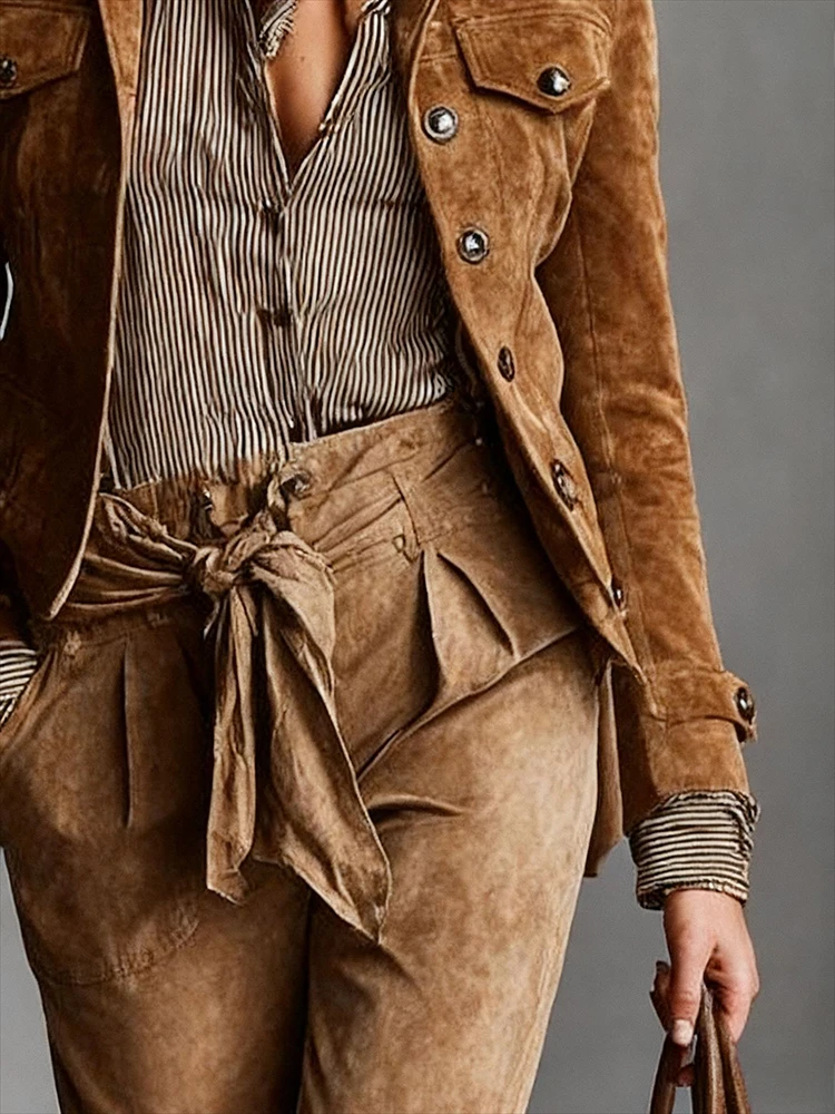 Vintage Western Women Casual Jacket Multiple Buttons Brown Collared Long Sleeve Slim Fall Outerwear Fashion Retro Outdoor Jacket