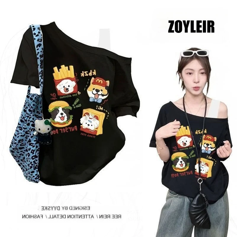

Pretty Short Sleeve Graphic T Shirts Women Fake Two-piece One Shoulder Top Casual Sport Off shoulder Oversize Tees With Straps