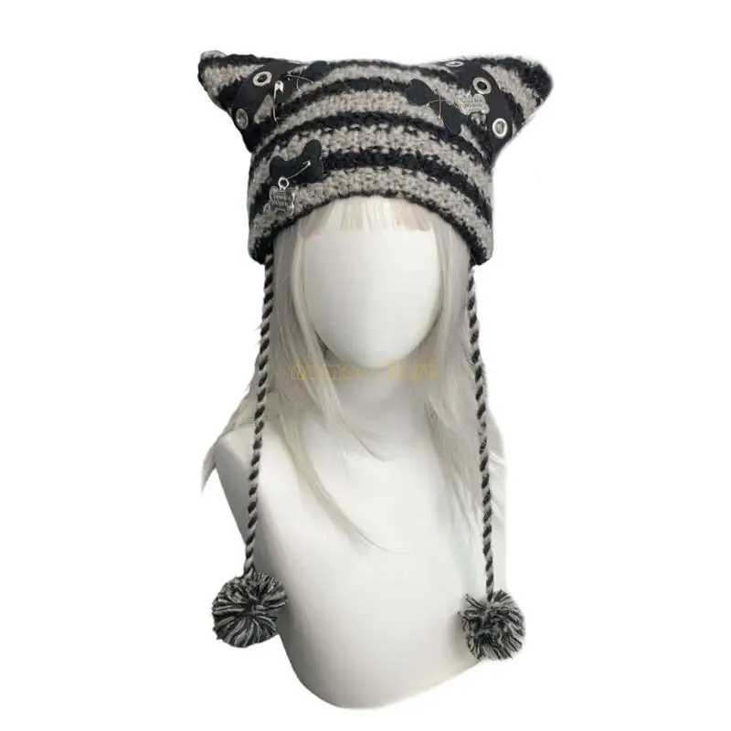 31BF الفتيات قبعة متماسكة قبعة ثقافة فرعية صور الدعائم لطيف القط الأذن قبعة زي Y2K كول محبوك قبعة ثقافة فرعية الملحقات #3