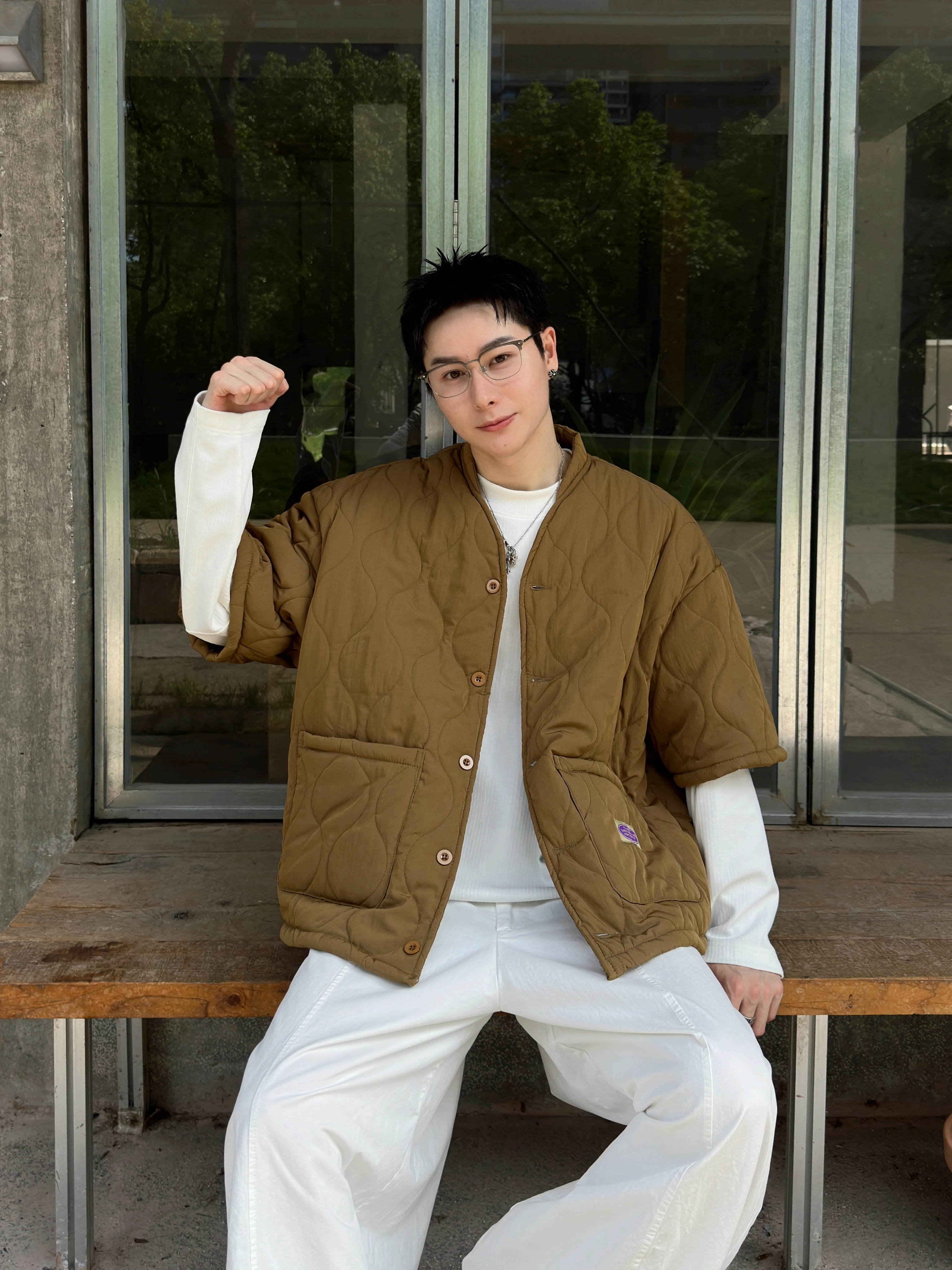 Loose Fit Cotton Jacket V-Neck Men's Casual Warmth Workwear Style Short Sleeve Chinese Brand Youth Fashion Outerwear Coat