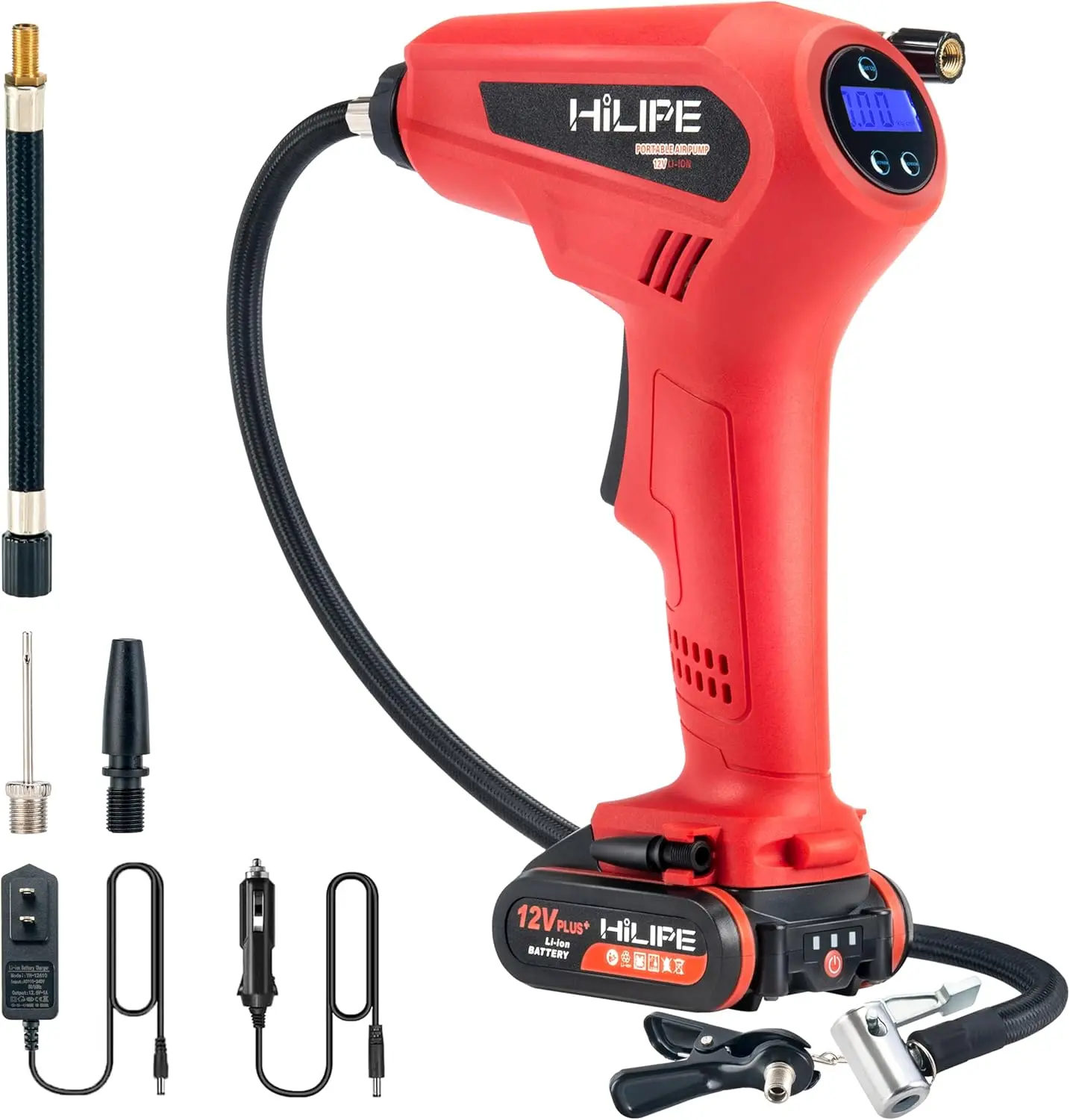 

Portable Air Compressor with Battery, 12V Lithium Car Air Pump, Digital Gauge for Tires, Bicycle, Ball