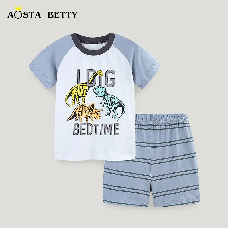 

Summer New Boys' Suit Cartoon Animal Print Knit Cotton Mid-sized Children's Crew-neck Shorts Two-piece Set