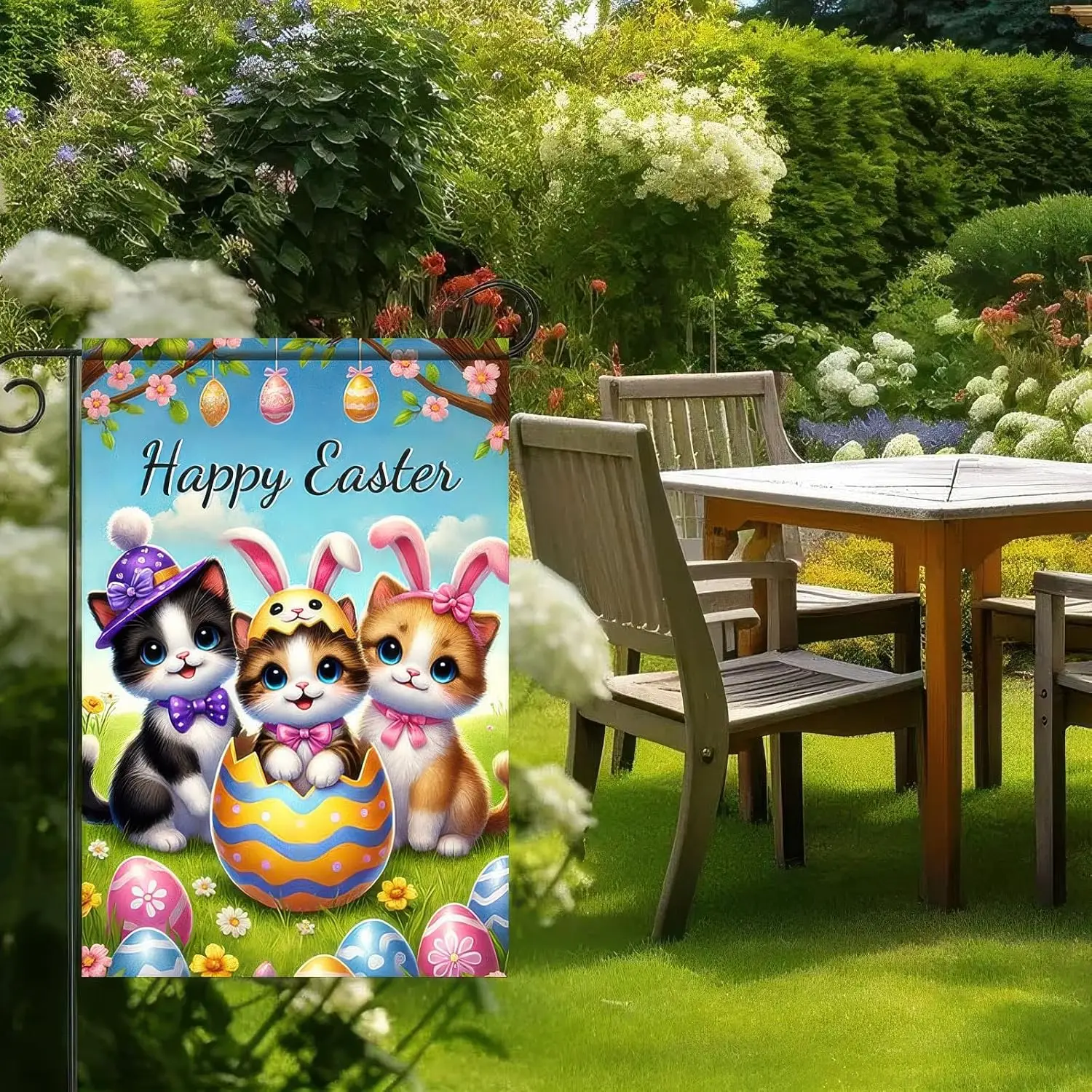 Happy Easter Garden Flag 12 x 18 Inches Double Sided Three Cute Cats Outdoor Decorations Yard Flag Easter Eggs Seasonal Flag SSL