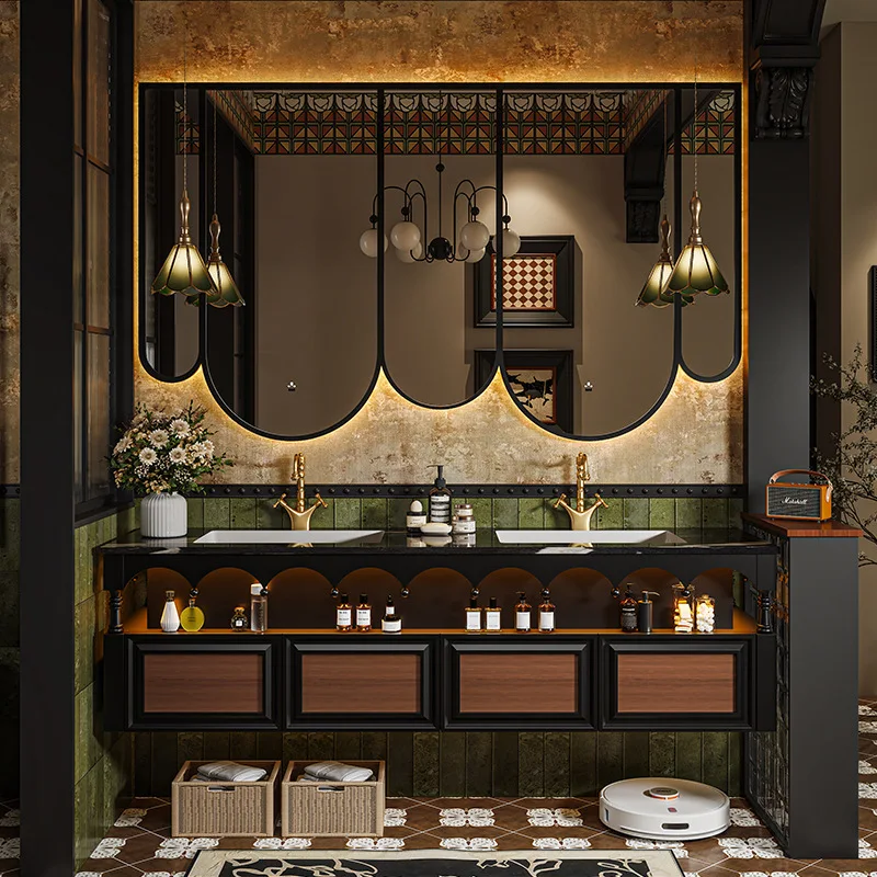 

High-end French medieval rock slab bathroom cabinet combination bathroom double basin hand wash face basin cabinet combination