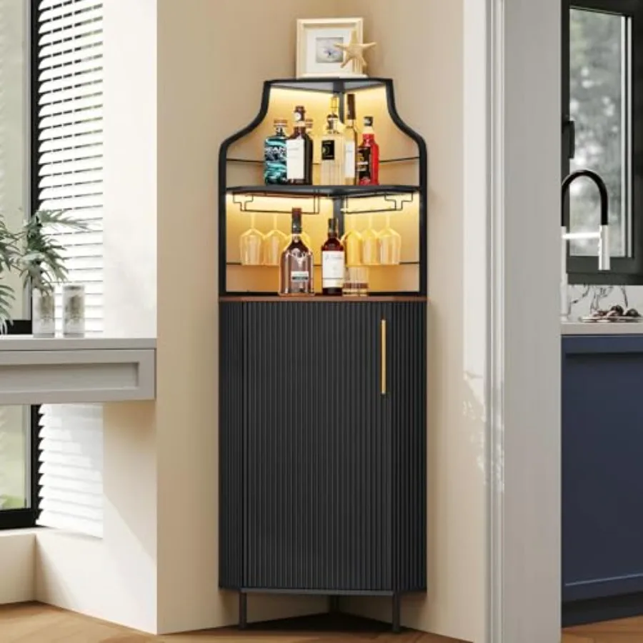 

Corner Bar Cabinet with LED Strip 4-Tiers Modern Corner Coffee Bar with Glass Holder Fluted Tall Liquor Cabinet for Kitchen Din