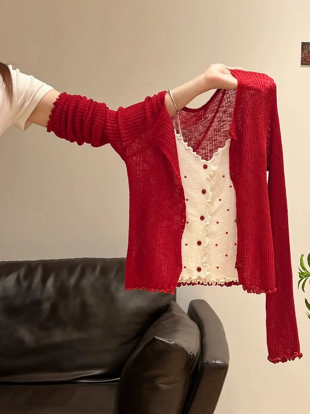 Women's Long Sleeve Knitted Open Cardigan with Bow Design Autumn Outerwear Beautiful Camisole Top Two-Piece Set Casual Style
