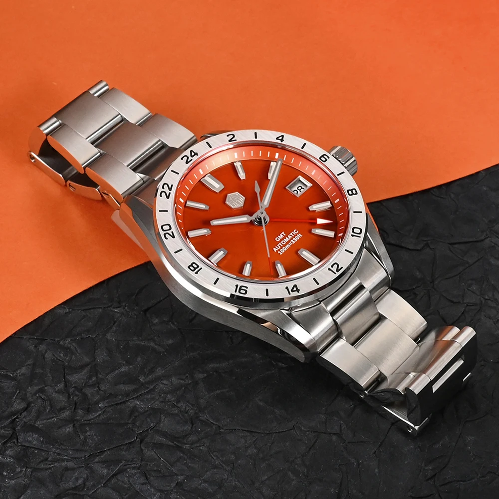 San Martin 39Mm Jam Tangan Pria Batu Giok Hijau Batu Akik Merah Batu Permata Mineral Langka NH34 GMT Jam Tangan Mekanis Otomatis Safir SN0129