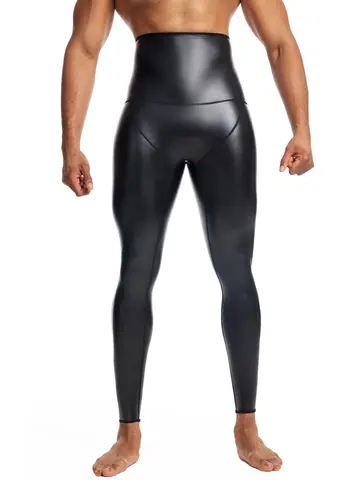 Mens Black High Waist Leather Pants Body Shaper Waist Trainer Shapers Control Panties Compression Underwear Fitness Shaper Pants