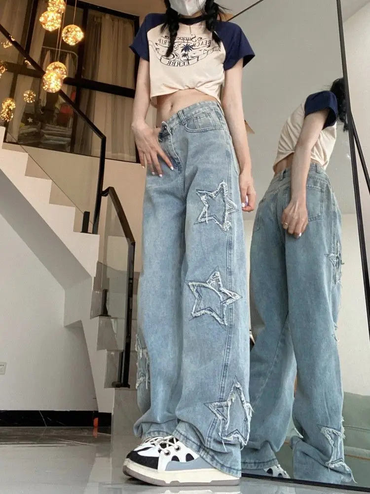 Streetwear Retro Five Pointed Star High Waist Jeans Women Straight Leg Loose Casual Slim High Street Wide Leg Pants Clothes