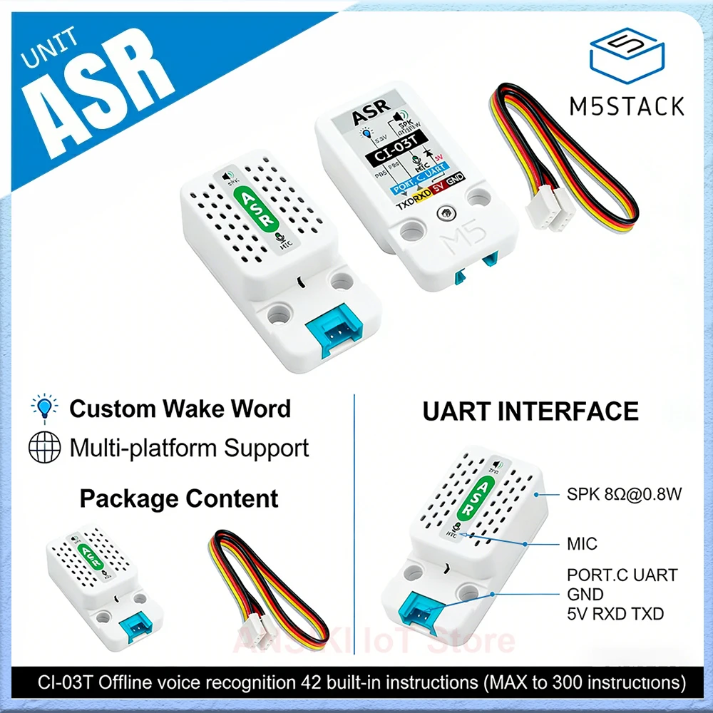 M5Stack Unit ASR CI-03T Offline Voice Recognition Module UART Custom Wake Words 300 Commands Mic Speaker for Smart Home Robot